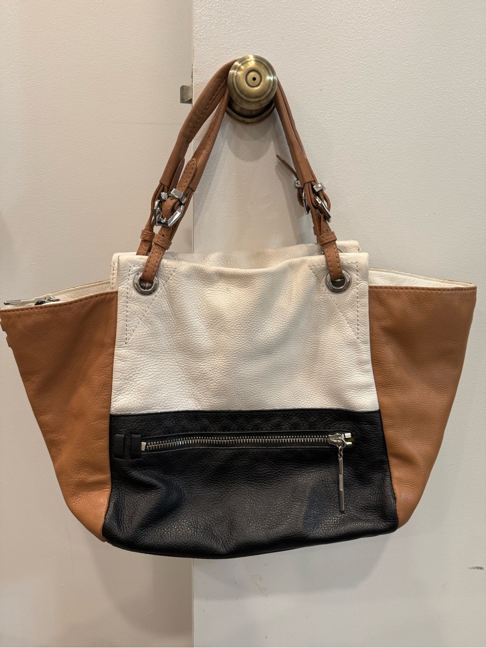 Tricolor Leather Tote Bag - Cream, Black & Tan